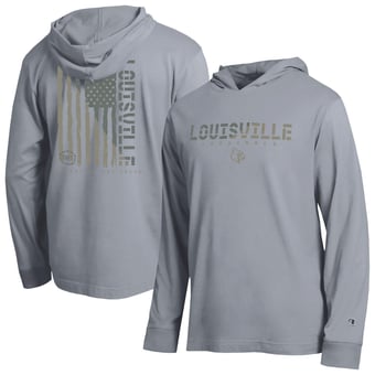 Men's Champion  Heather Gray Louisville Cardinals Operation Hat Trick Flag Hooded Long Sleeve T-Shirt