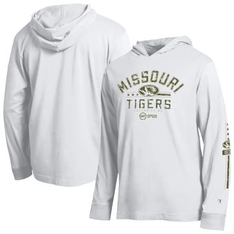 Men's Champion  White Missouri Tigers Operation Hat Trick Sleeve Line Hooded Long Sleeve T-Shirt