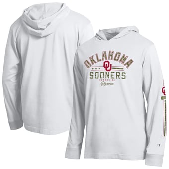Men's Champion  White Oklahoma Sooners Operation Hat Trick Sleeve Line Hooded Long Sleeve T-Shirt