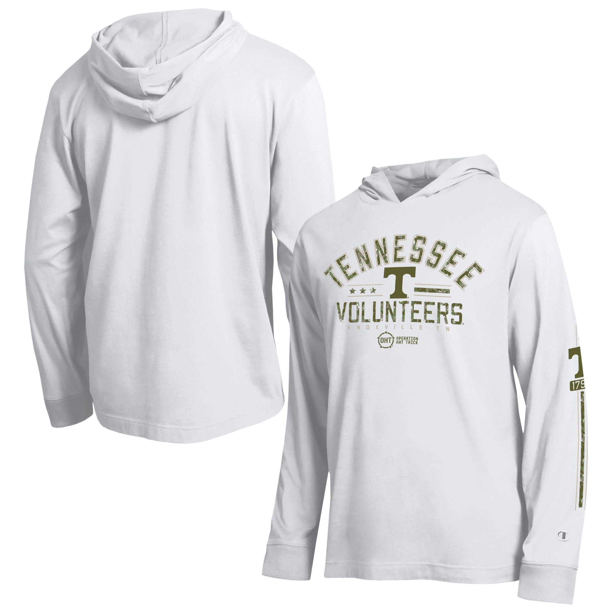 Men's Champion White Tennessee Volunteers Operation Hat Trick Sleeve Line Hooded Long Sleeve T-Shirt