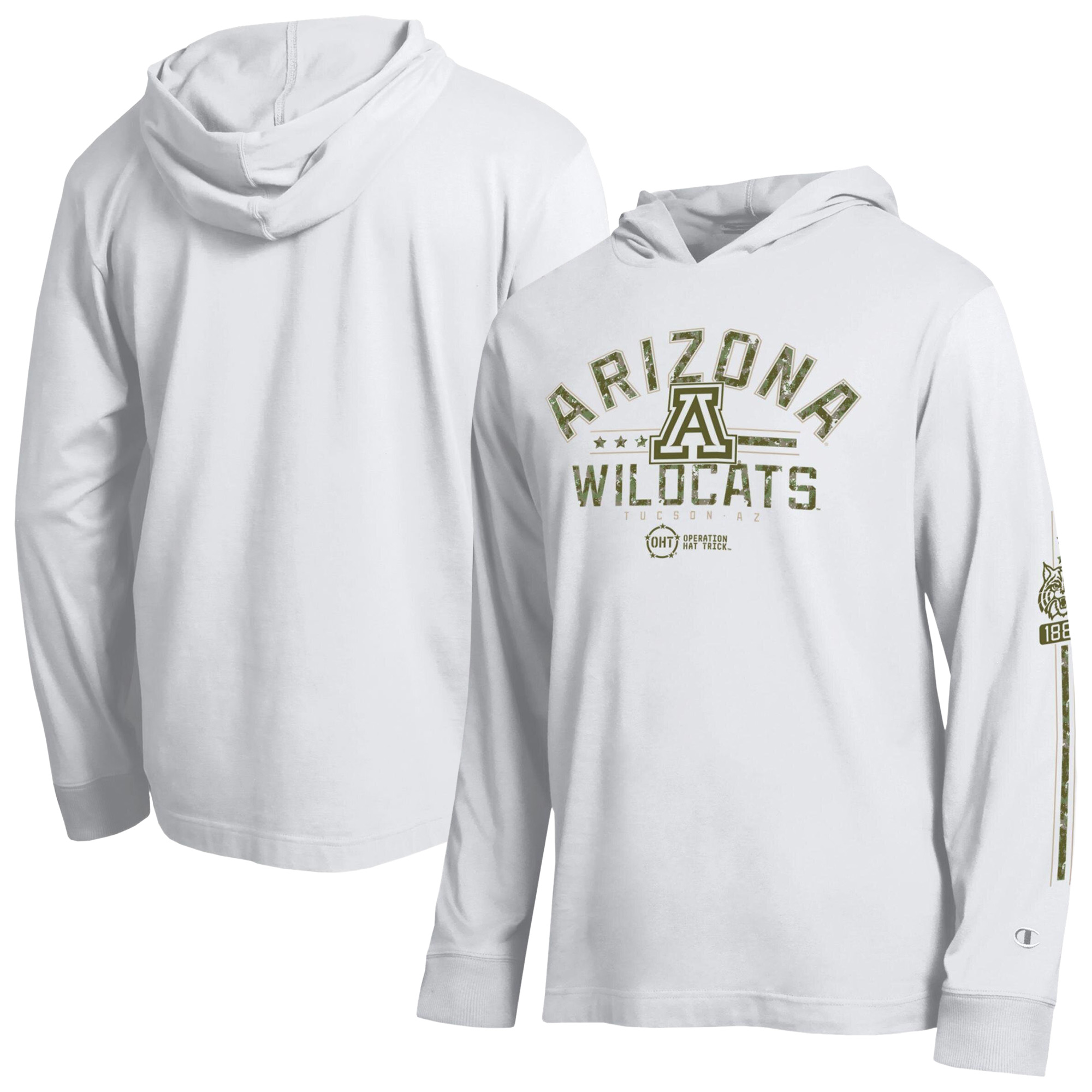 Men's Champion  White Arizona Wildcats Operation Hat Trick Sleeve Line Hooded Long Sleeve T-Shirt