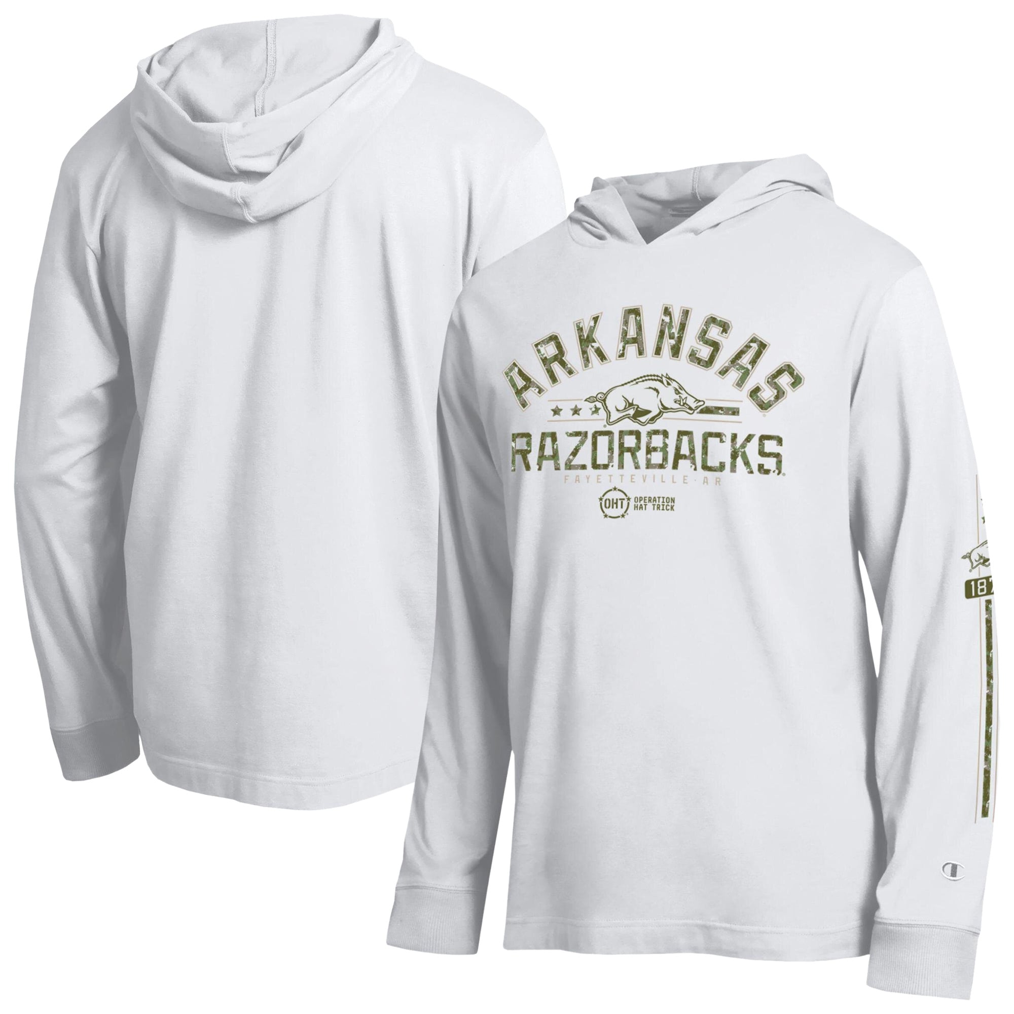 Men's Champion White Arkansas Razorbacks Operation Hat Trick Sleeve Line Hooded Long Sleeve T-Shirt