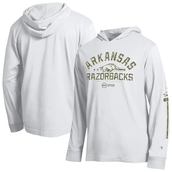 Men's Champion White Arkansas Razorbacks Operation Hat Trick Sleeve Line Hooded Long Sleeve T-Shirt