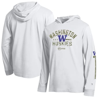 Men's Champion  White Washington Huskies Operation Hat Trick Sleeve Line Hooded Long Sleeve T-Shirt