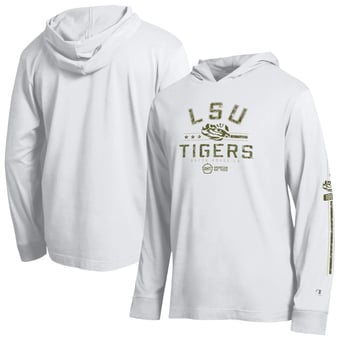 Men's Champion  White LSU Tigers Operation Hat Trick Sleeve Line Hooded Long Sleeve T-Shirt