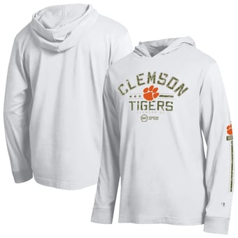 Men's Champion  White Clemson Tigers Operation Hat Trick Sleeve Line Hooded Long Sleeve T-Shirt