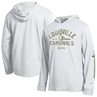 Men's Champion  White Louisville Cardinals Operation Hat Trick Sleeve Line Hooded Long Sleeve T-Shirt