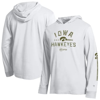 Men's Champion  White Iowa Hawkeyes Operation Hat Trick Sleeve Line Hooded Long Sleeve T-Shirt