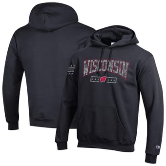 Men's Champion Black Wisconsin Badgers Operation Hat Trick Camo Script Powerblend Fleece Hoodie