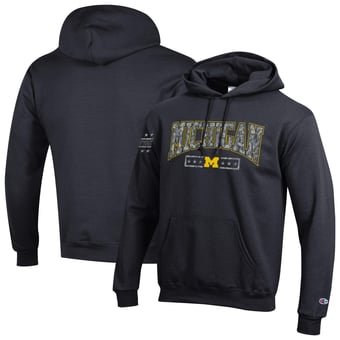 Men's Champion Black Michigan Wolverines Operation Hat Trick Camo Script Powerblend Fleece Hoodie