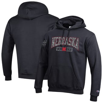 Men's Champion Black Nebraska Huskers Operation Hat Trick Camo Script Powerblend Fleece Hoodie