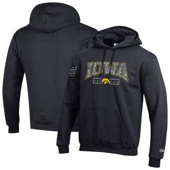 Men's Champion Black Iowa Hawkeyes Operation Hat Trick Camo Script Powerblend Fleece Hoodie