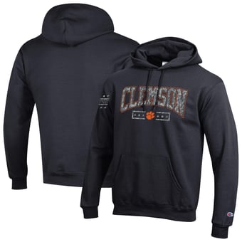 Men's Champion Black Clemson Tigers Operation Hat Trick Camo Script Powerblend Fleece Hoodie