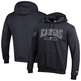 Men's Champion Black Kansas Jayhawks Operation Hat Trick Camo Script Powerblend Fleece Hoodie