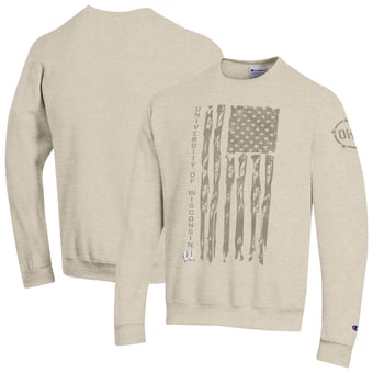 Men's Champion  Oatmeal Wisconsin Badgers Operation Hat Trick Flag Fleece Crewneck Sweatshirt