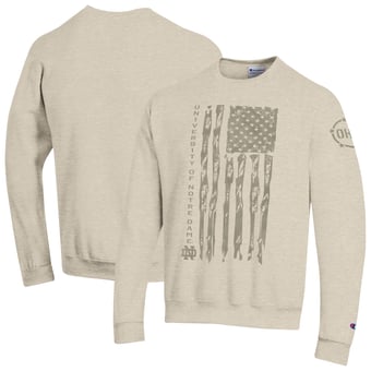 Men's Champion  Oatmeal Notre Dame Fighting Irish Operation Hat Trick Flag Fleece Crewneck Sweatshirt
