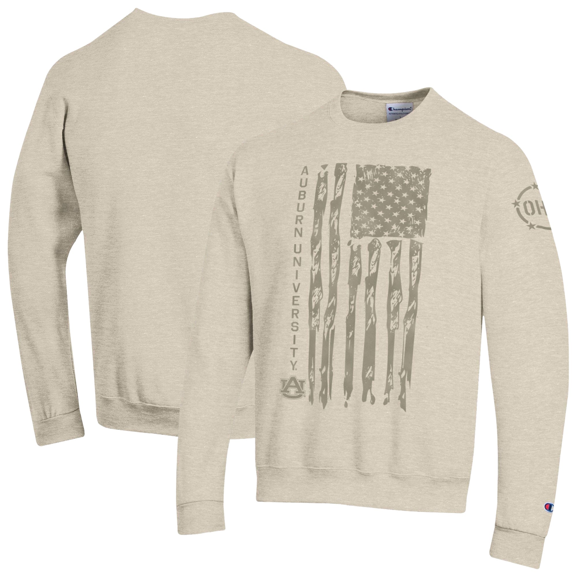 Men's Champion Oatmeal Auburn Tigers Operation Hat Trick Flag Fleece Crewneck Sweatshirt