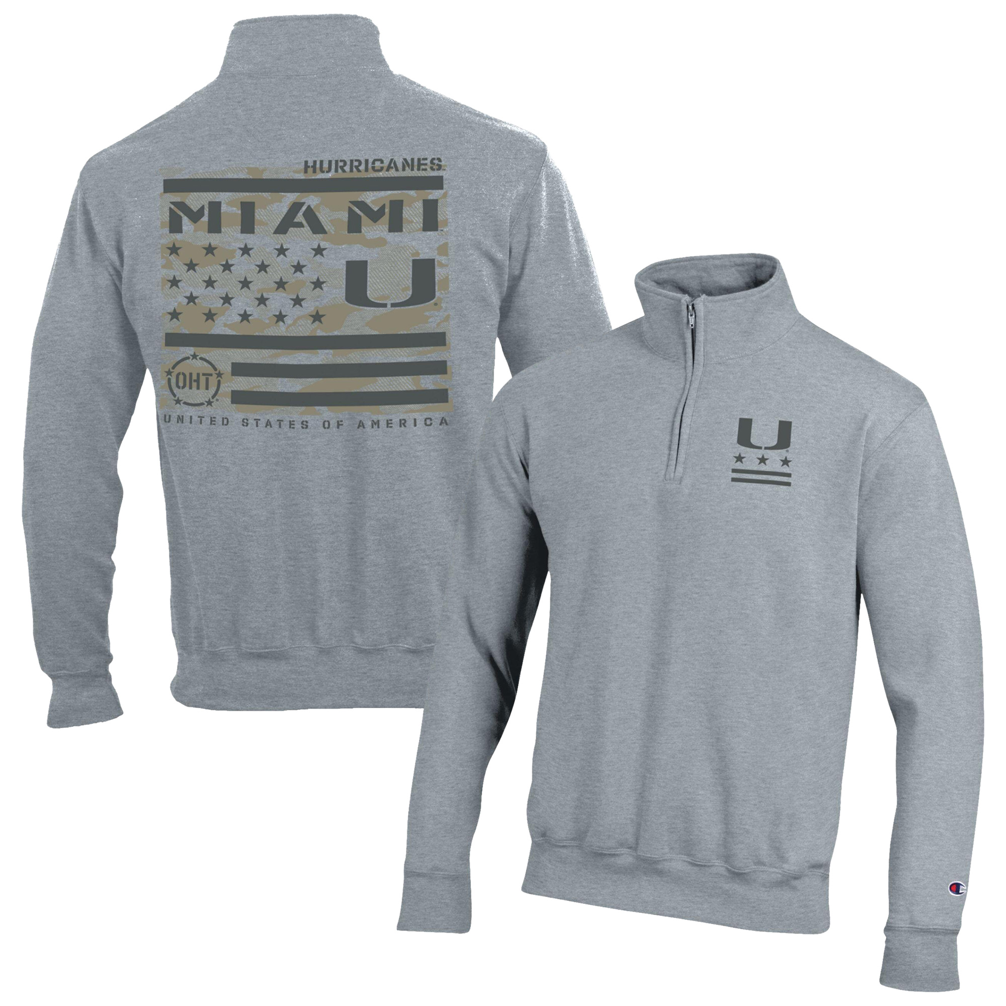 Men’s Champion Heather Gray Miami Hurricanes Operation Hat Trick Flag Powerblend Fleece Quarter-Zip Pullover