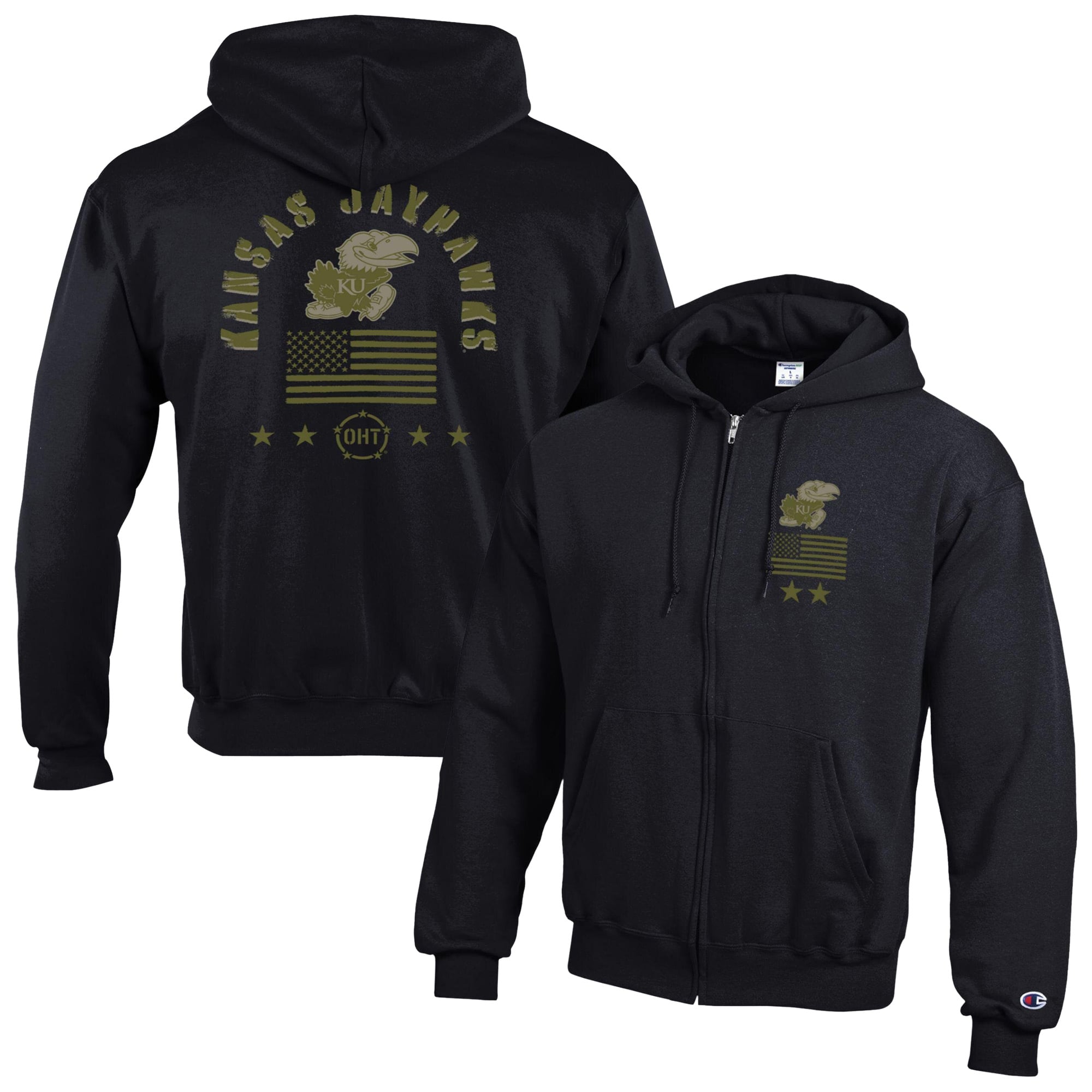 Men's Champion  Black Kansas Jayhawks Operation Hat Trick Flag Powerblend Fleece Full-Zip Hoodie
