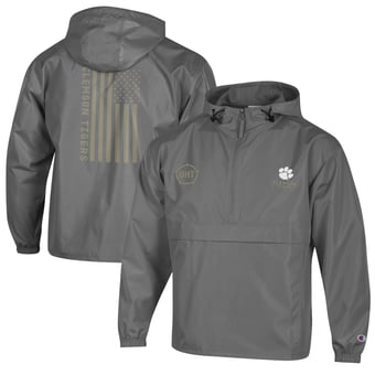 Men's Champion  Graphite Clemson Tigers OHT Flag Packable Half-Zip Hooded Jacket