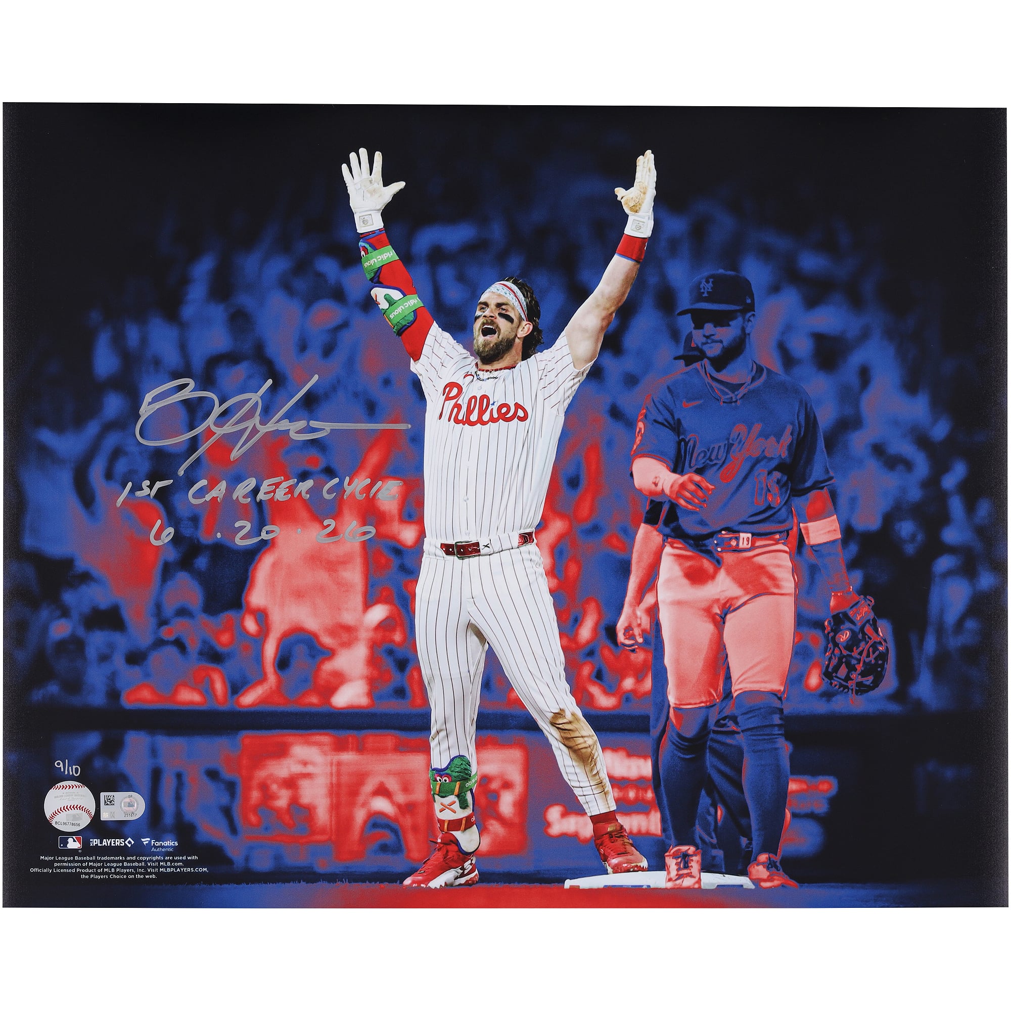 Bryce Harper Philadelphia Phillies Autographed 16" x 20" Team Colorway Spotlight Photograph with "1st Career Cycle 6/20/26" Inscription - Limited Edition of 10