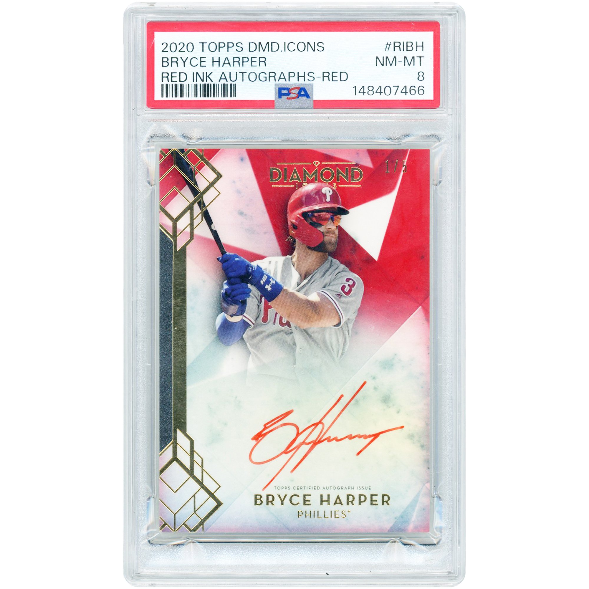 Carta autografata di Bryce Harper dei Philadelphia Phillies, 2020 Topps Diamond Icons, inchiostro rosso #RI-BH #1/5, autenticata da PSA.