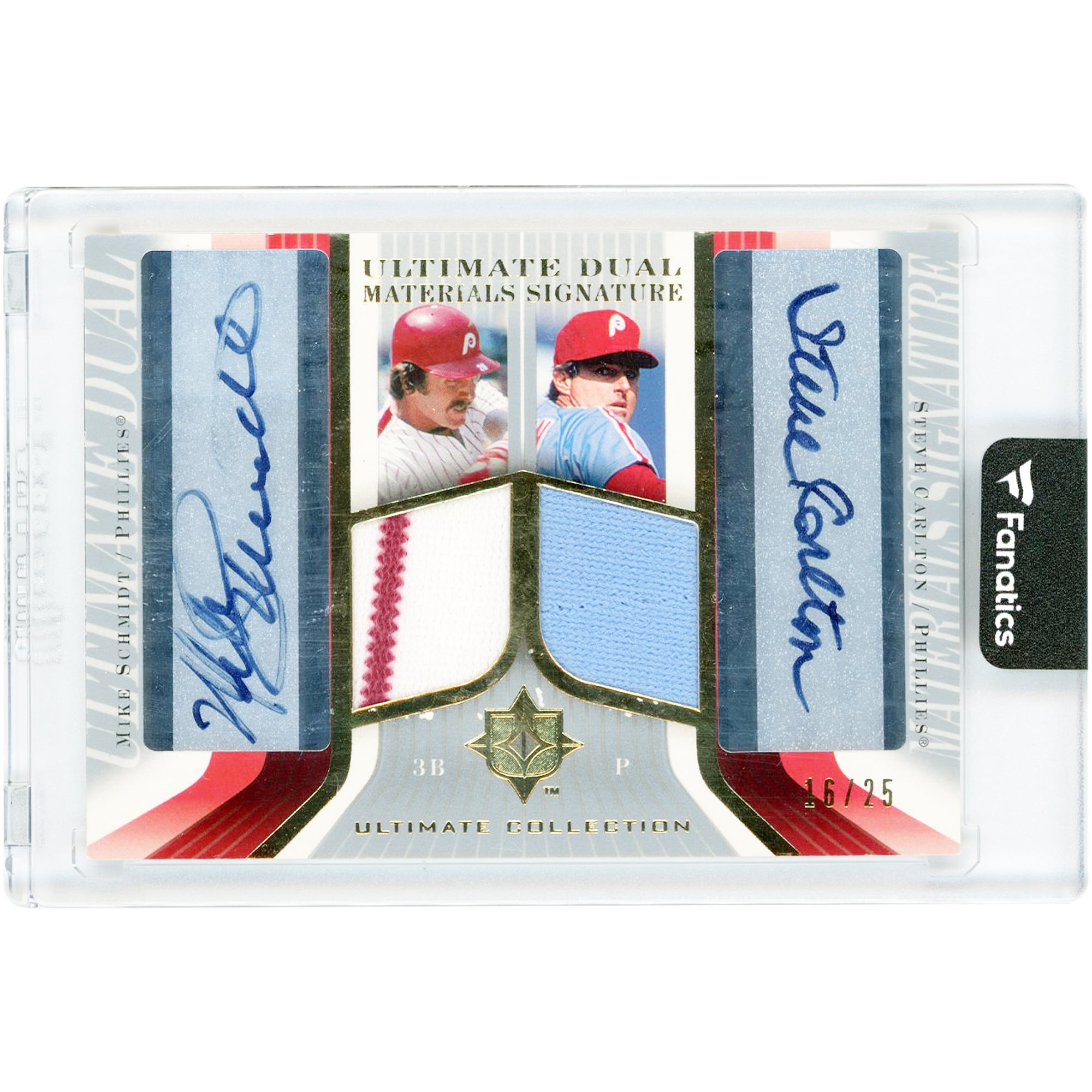 Carta autografata di Mike Schmidt e Steve Carlton dei Philadelphia Phillies, edizione 2004 Upper Deck Ultimate Dual Game Used Relics #DJS-SC #16/25