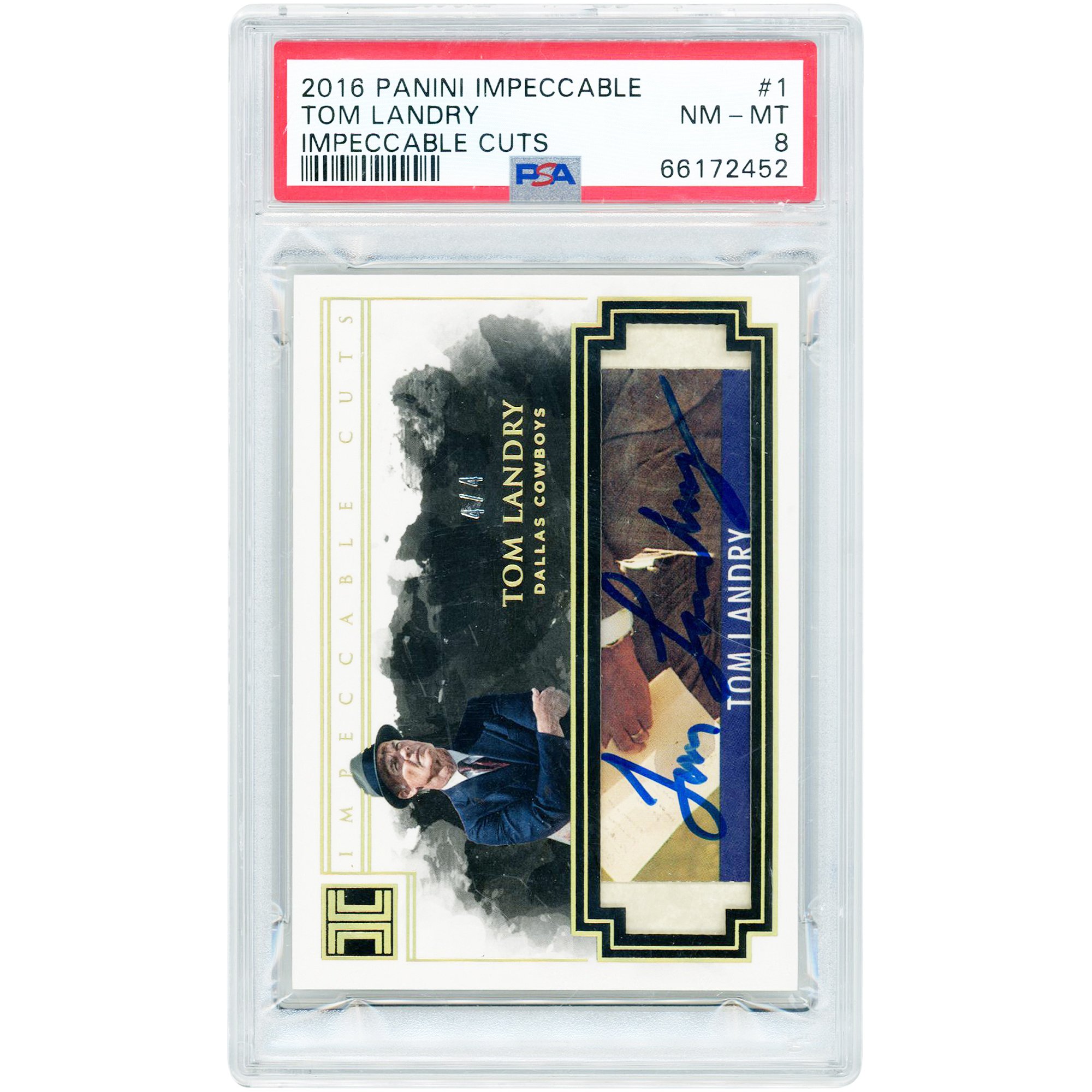 Carta da collezione autografata di Tom Landry dei Dallas Cowboys, edizione 2016, Panini Impeccable Cut Autograph #1 #4/4, autenticata da PSA (Pani).