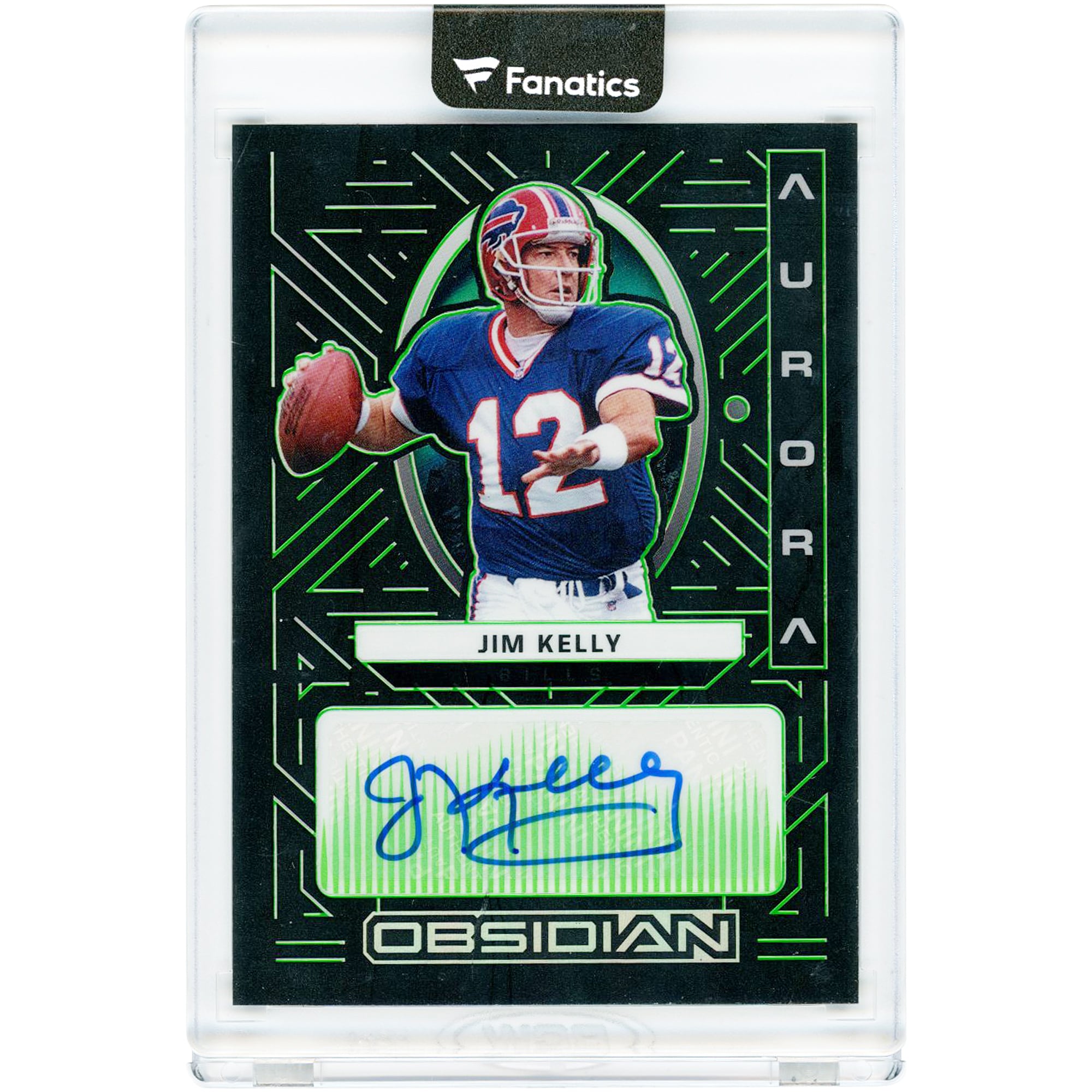 Jim Kelly Buffalo Bills Autographed 2022 Panini Obsidian Aurora Green #AA-JKE #11/15 Card