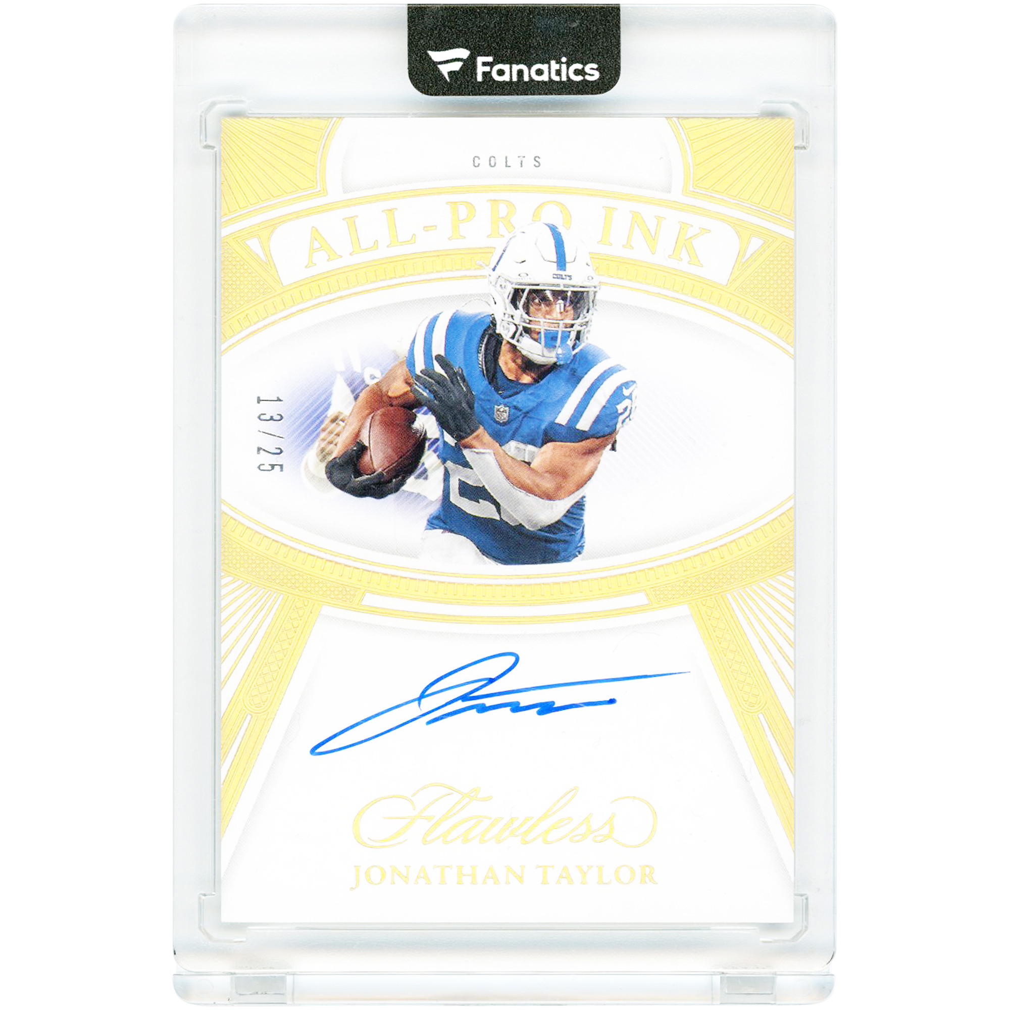 Jonathan Taylor Indianapolis Colts Autographed 2024 Panini Flawless All-Pro Ink Gold #API-JTR #13/25 Card Jonathan Taylor Indianapolis Colts Autographed 2024 Panini Flawless All-Pro Ink Gold #API-JTR #13/25 Card
