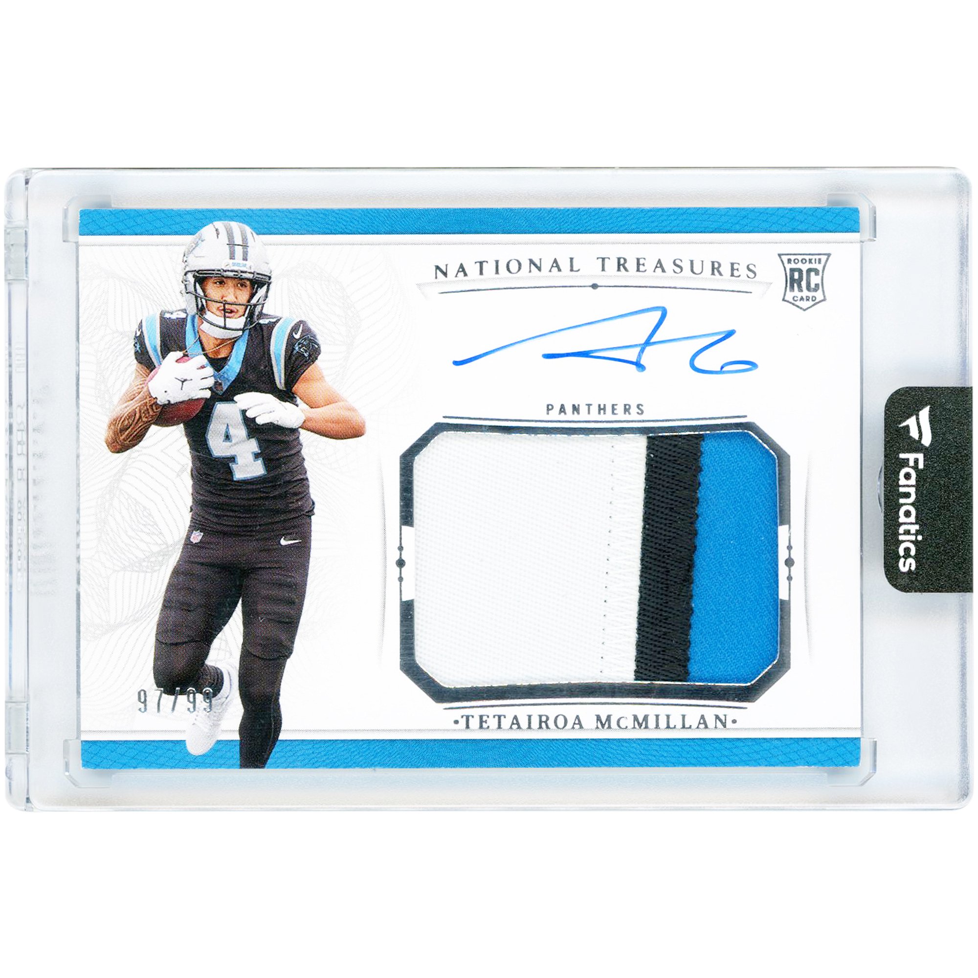 Tarjeta de novato autografiada de Tetairoa McMillan de los Carolina Panthers, edición 2025, Panini National Treasures Tri-Color Relic #CRPA-TMN #97/99