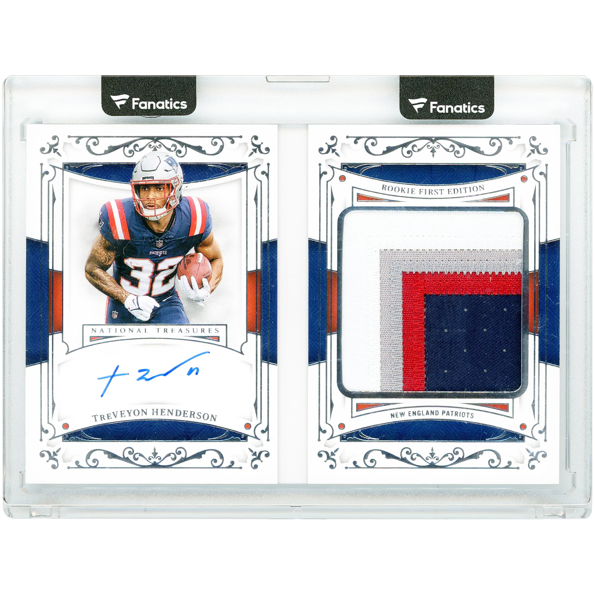 Tarjeta de novato autografiada de TreVeyon Henderson de los New England Patriots, edición 2025, Panini National Treasures Quad-Color Relic Booklet #RFES-THN #99/99
