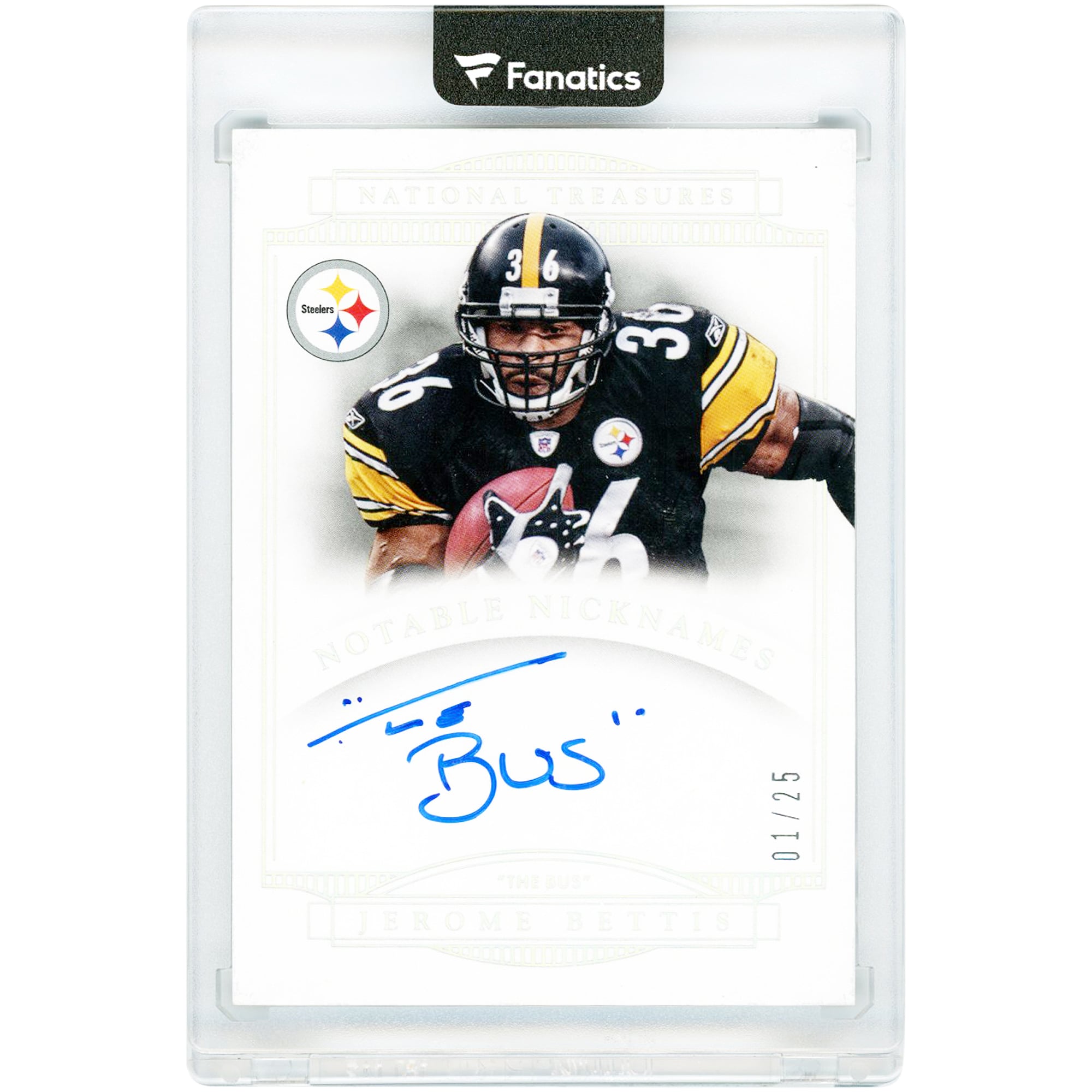 Jerome Bettis Pittsburgh Steelers Autographed 2014 Panini National Treasures Notable Nicknames #NN-JB #1/25 Card with The Bus Inscription. rookie card picture