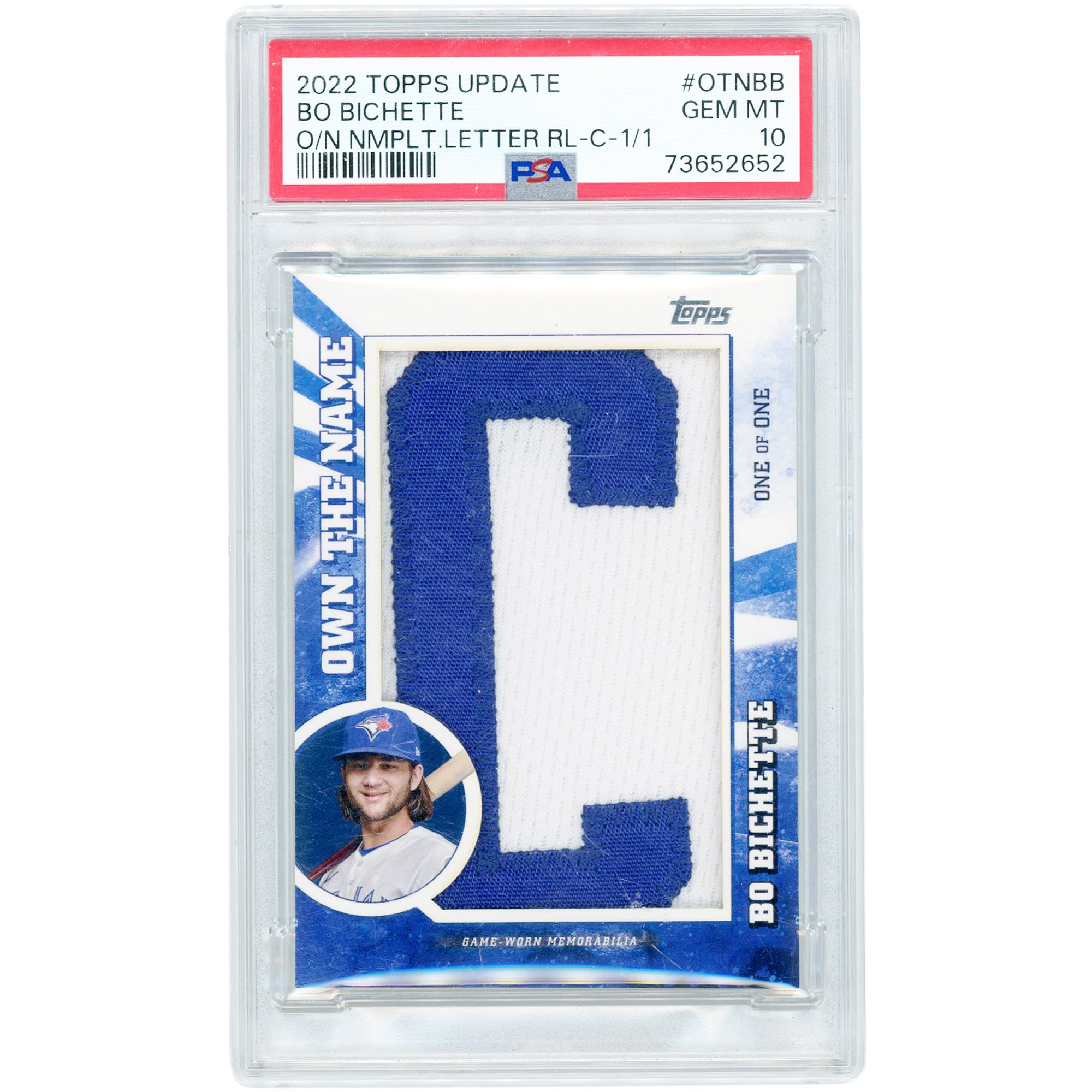 Bo Bichette Toronto Blue Jays 2022 Topps Update Own the Name Game Used Letter Relic #OTN-BB #1/1 PSA Authenticated 10 Card
