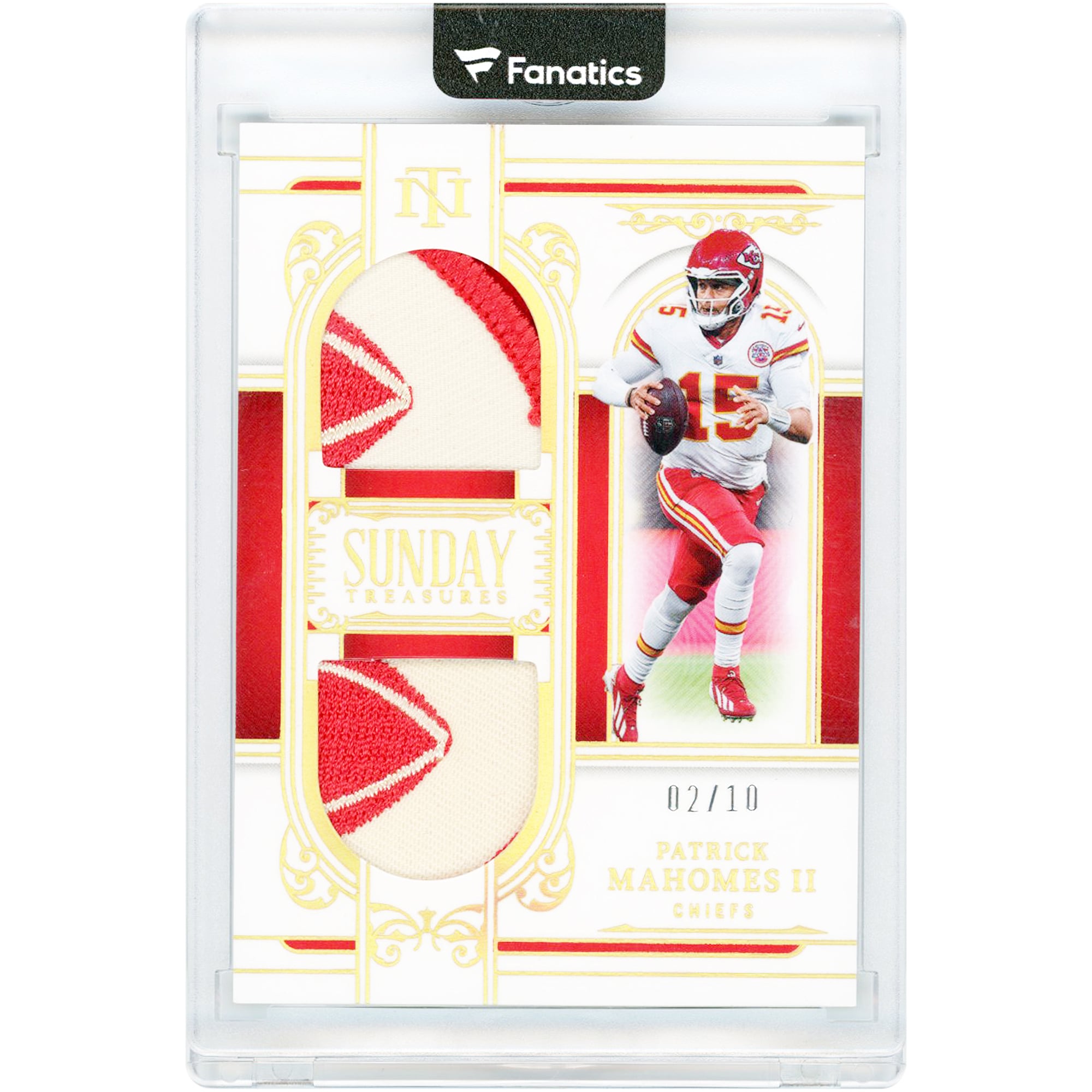 Patrick Mahomes Kansas City Chiefs 2025 Panini National Treasures Dual Logo Relics Gold #ST-PMS #2/10 Card