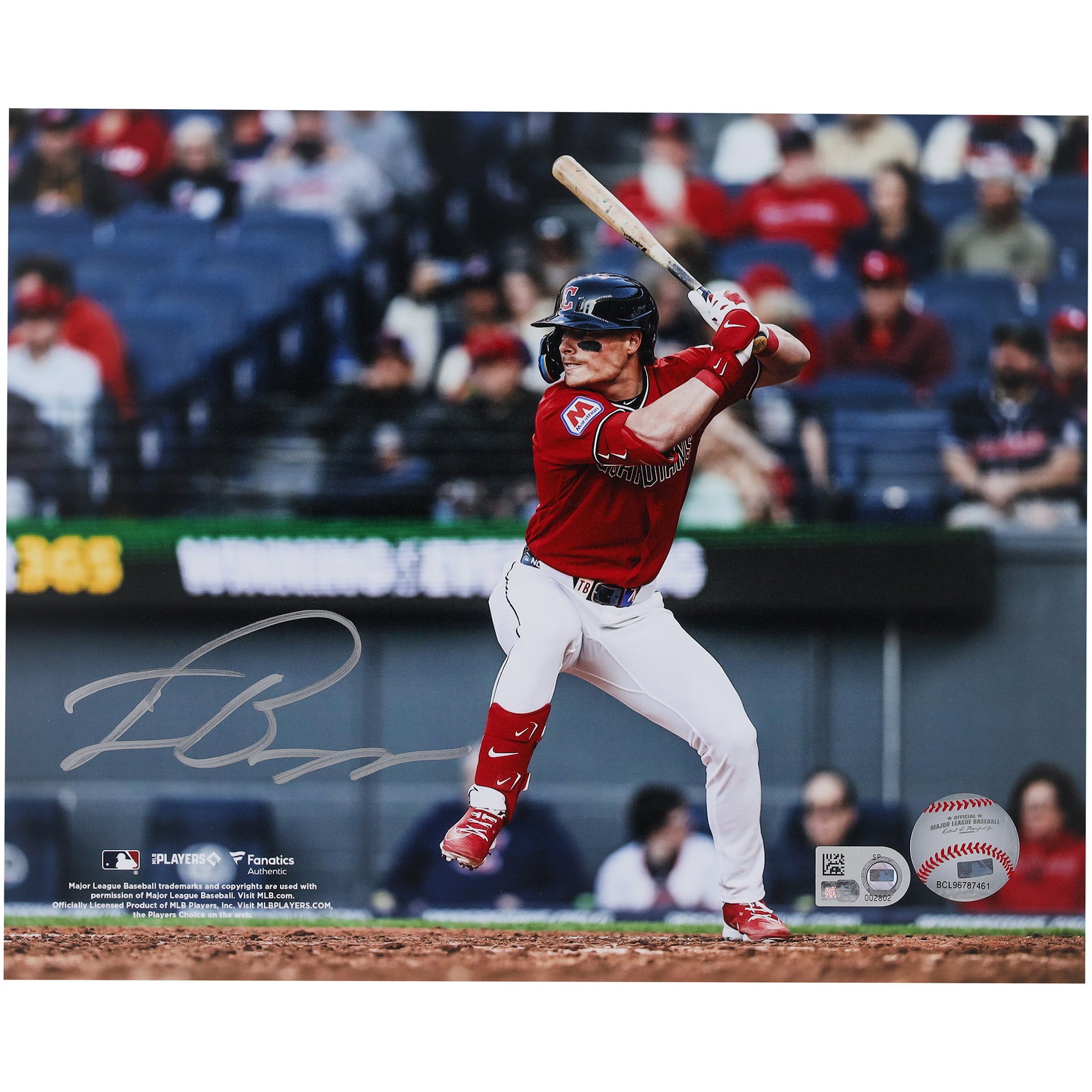 Fotografia autografata di Travis Bazzana dei Cleveland Guardians, formato 8" x 10", in occasione del suo debutto in MLB.