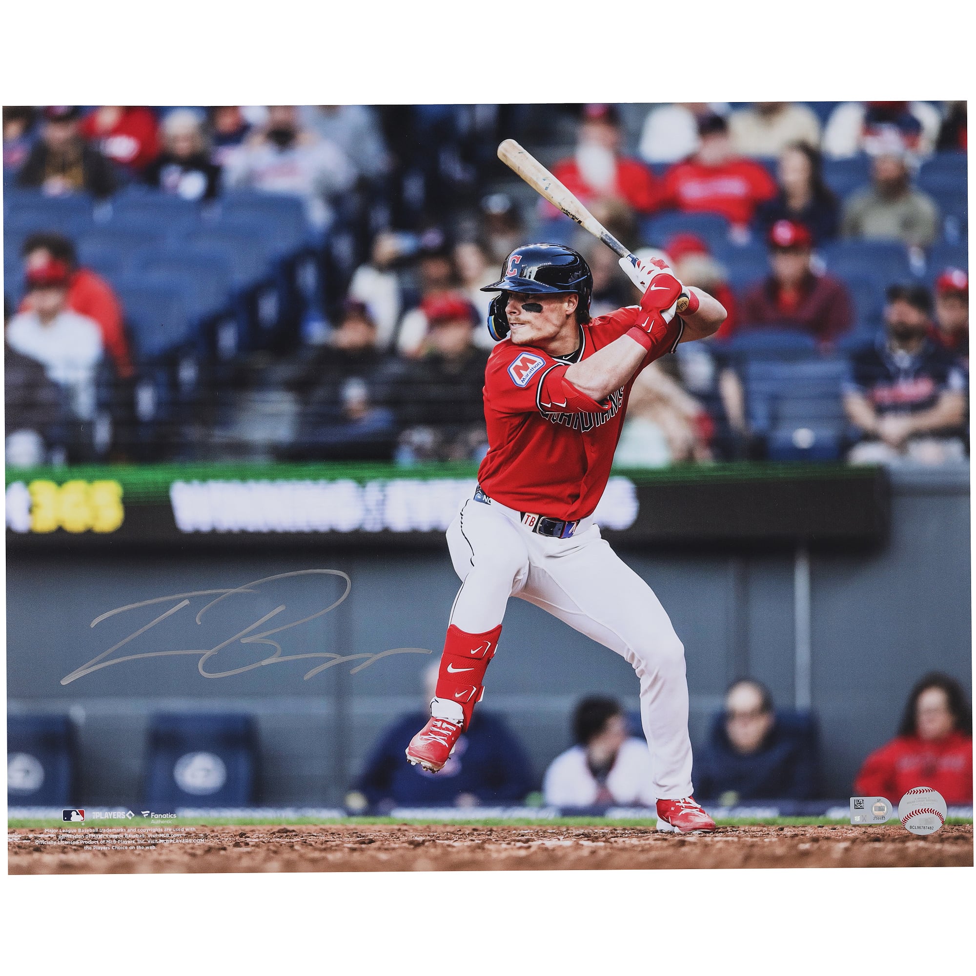 Fotografia autografata di Travis Bazzana dei Cleveland Guardians, formato 16" x 20", in occasione del suo debutto in MLB.