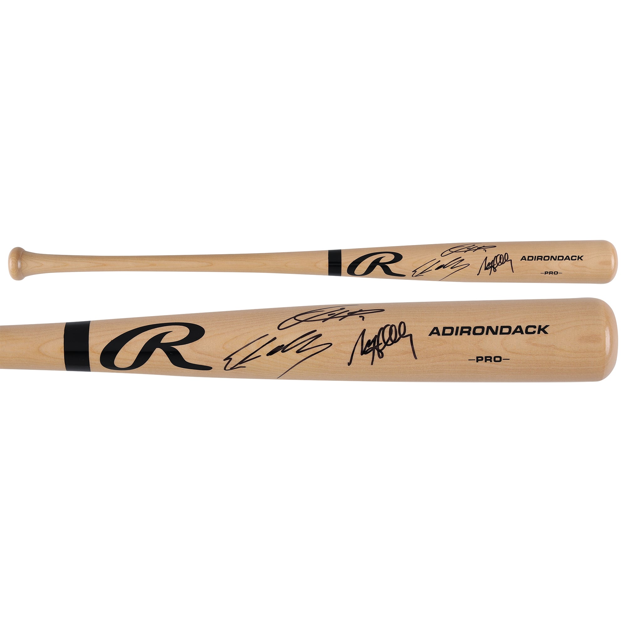Matt Holliday, Jackson Holliday ed Ethan Holliday hanno autografato una mazza da baseball Rawlings Pro bionda.