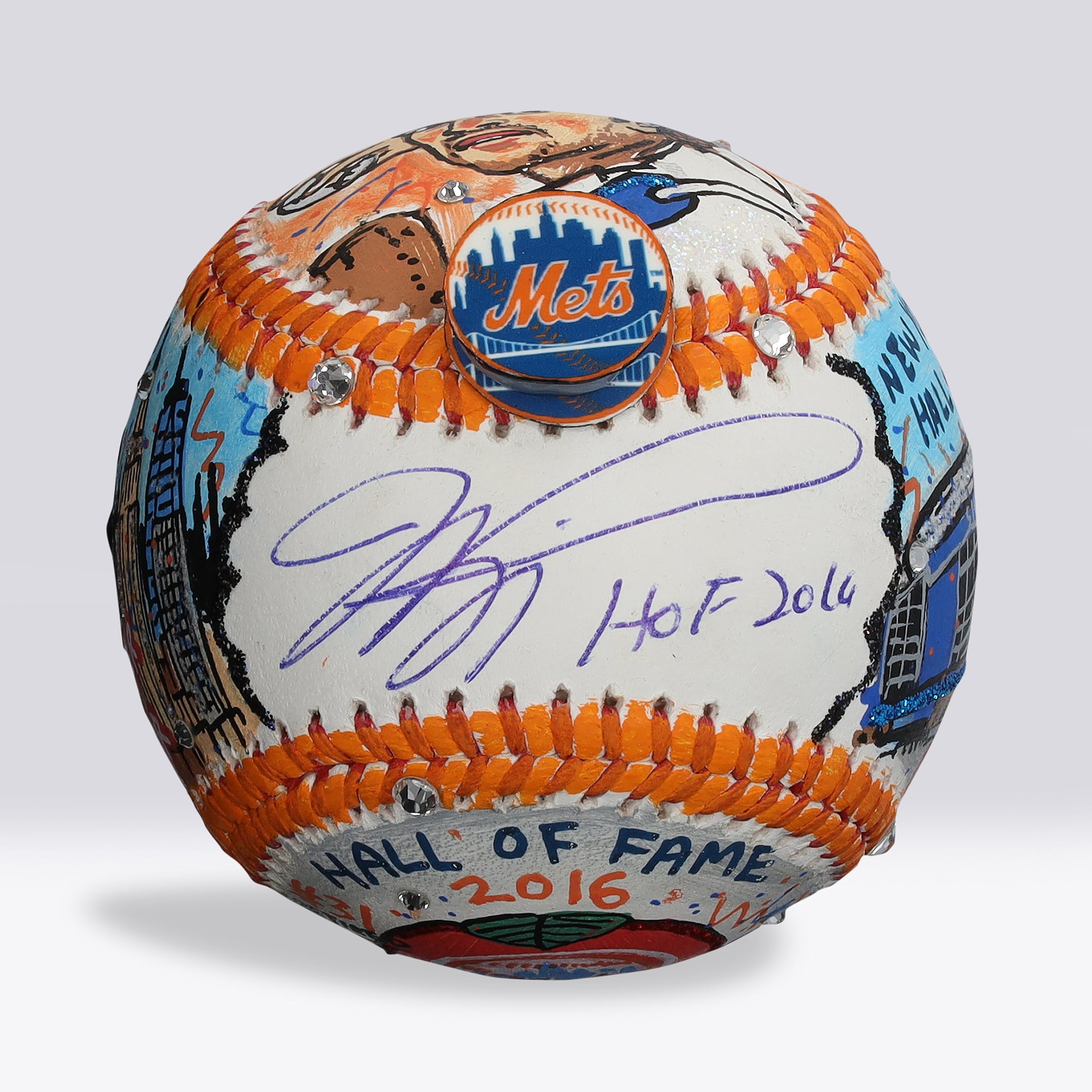 Palla da baseball autografata da Mike Piazza dei New York Mets con dedica "HOF 2016" - Illustrazione di Charles Fazzino - NF70446036