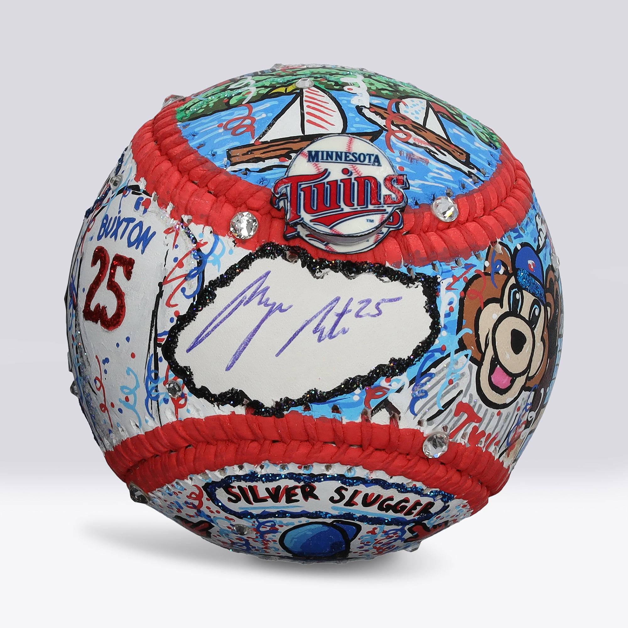 Palla da baseball autografata da Byron Buxton dei Minnesota Twins - Illustrazione di Charles Fazzino - NF70446056