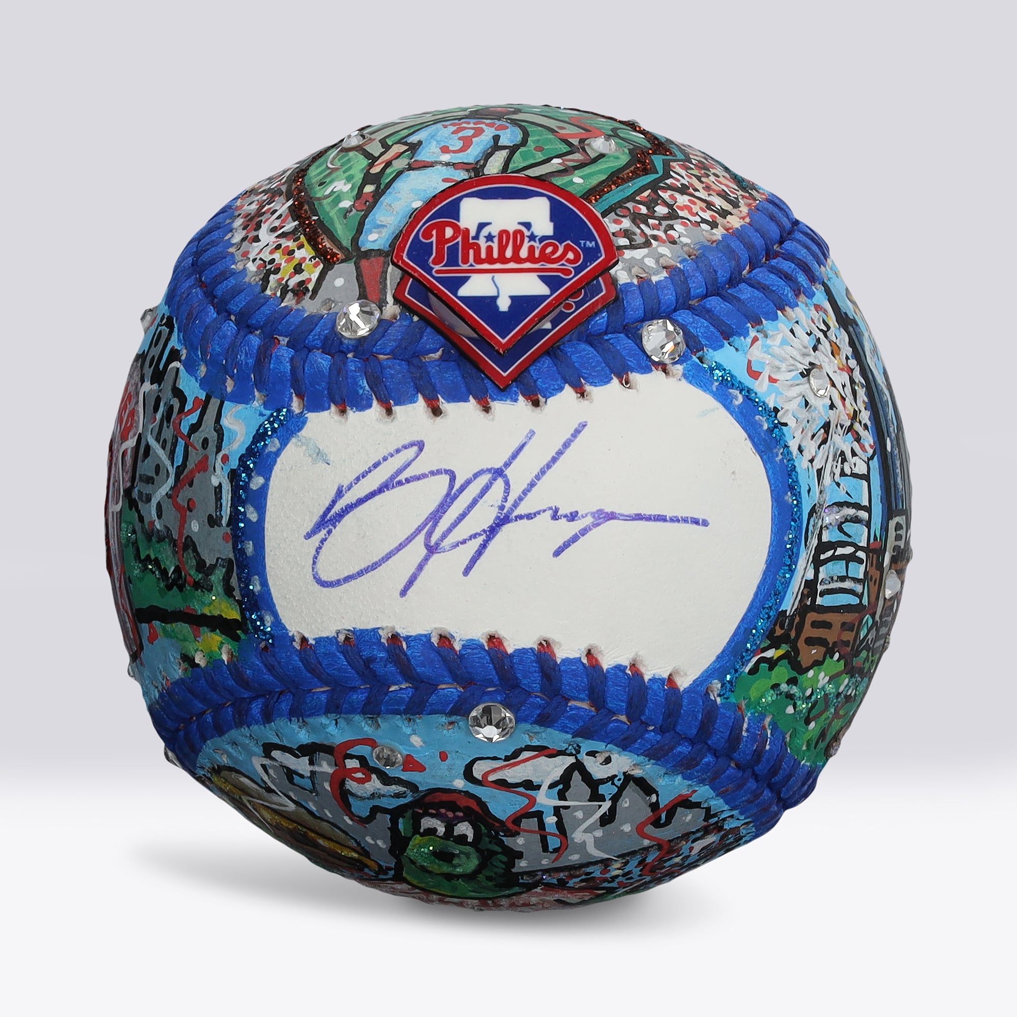 Palla da baseball autografata da Bryce Harper dei Philadelphia Phillies - Illustrazione di Charles Fazzino - NF70446072