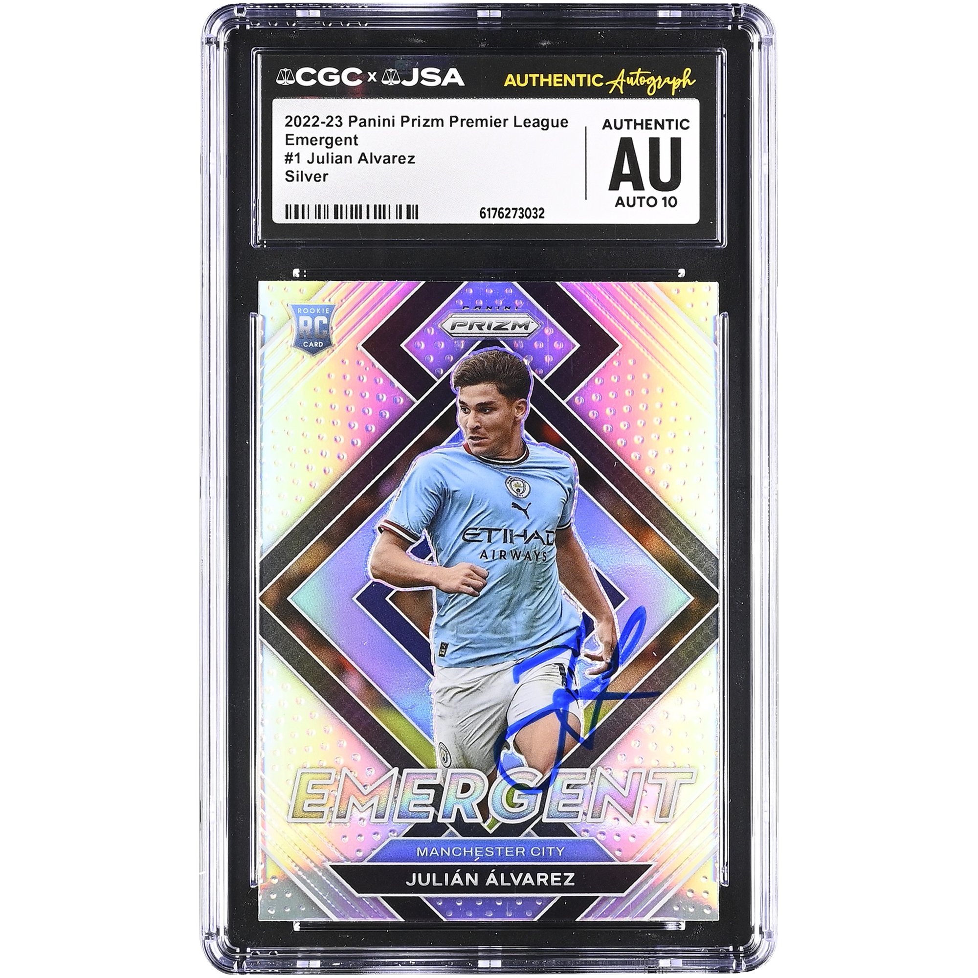 Julián Alvarez Manchester City Autographed 2022-23 Panini Prizm Premier League Emergent Silver #1 CGC Authenticated Auto 10 Rookie Card
