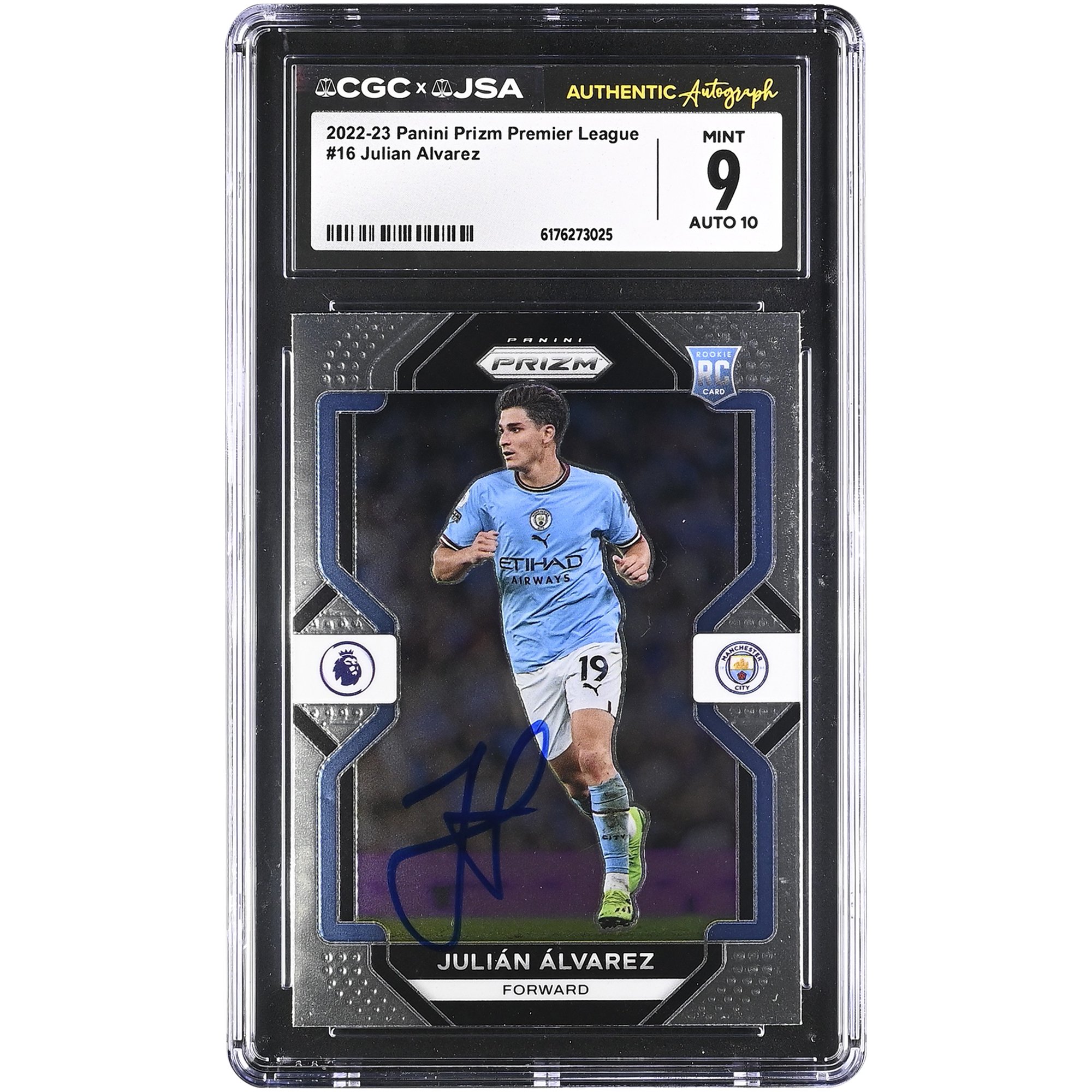 Julián Alvarez Manchester City Autographed 2022-23 Panini Prizm Premier League #16 CGC Authenticated 9/10 Rookie Card