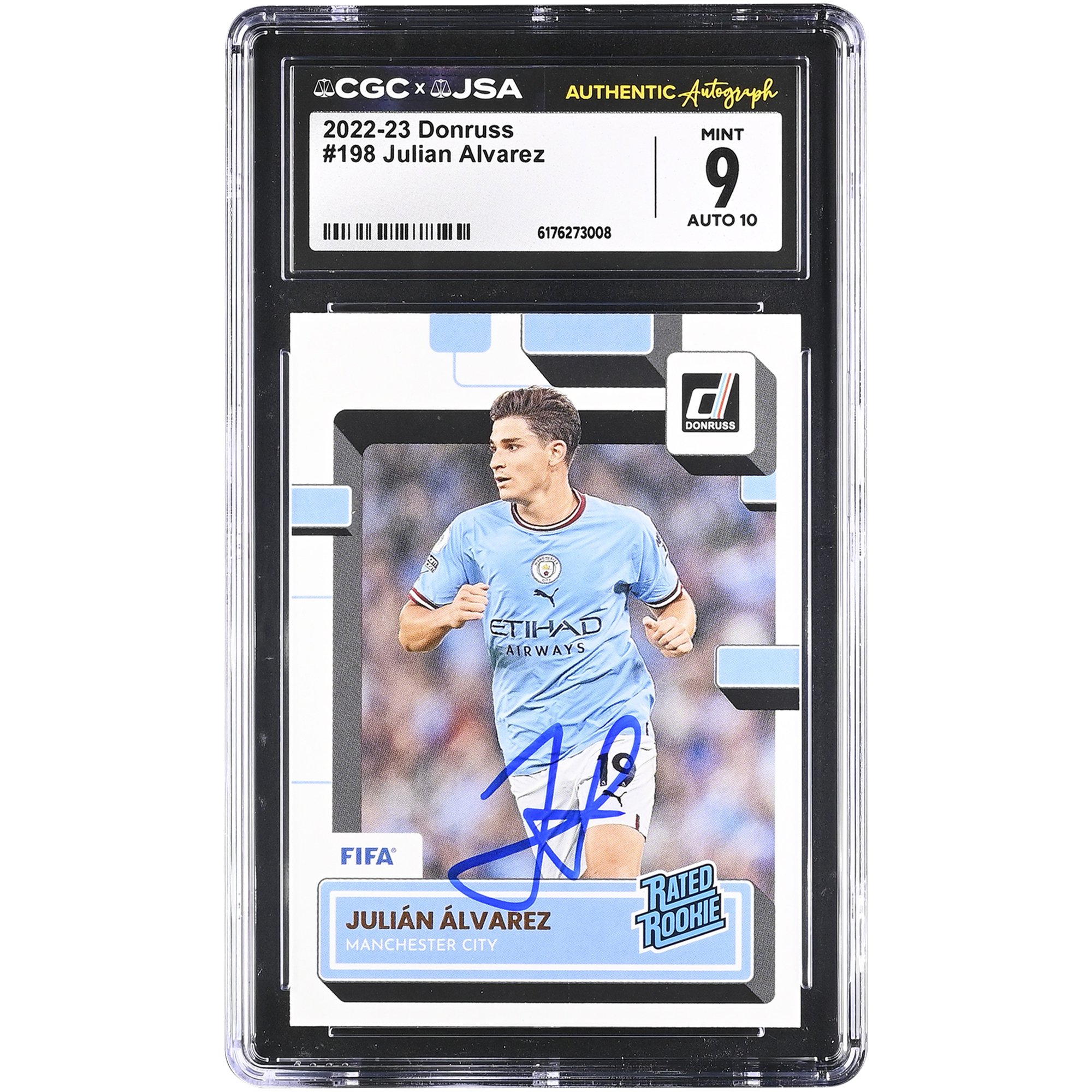 Julián Alvarez Manchester City Autographed 2022-23 Panini Donruss #198 CGC Authenticated 9/10 Rookie Card