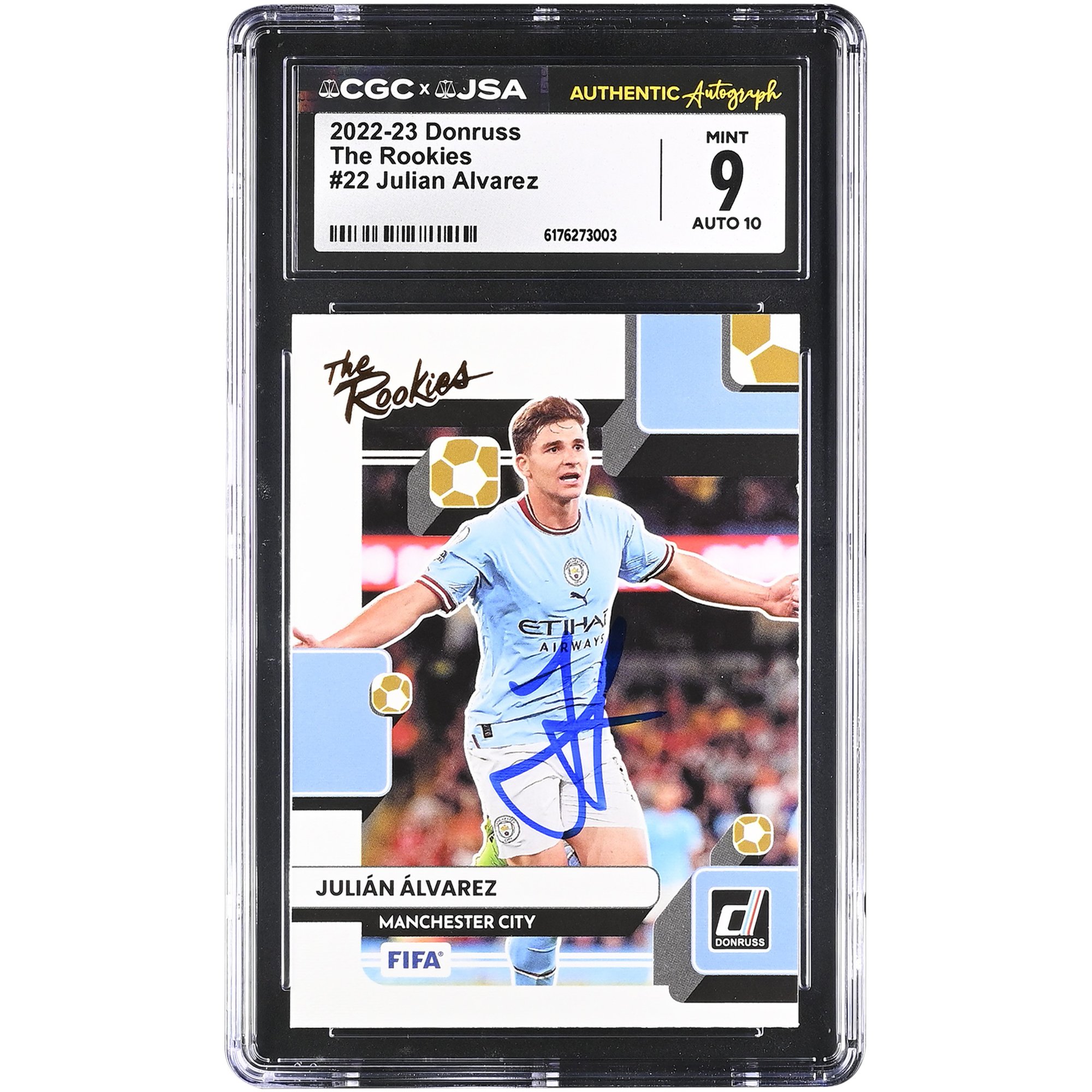 Julián Alvarez Manchester City Autographed 2022-23 Panini Donruss The Rookies #22 CGC Authenticated 9/10 Rookie Card