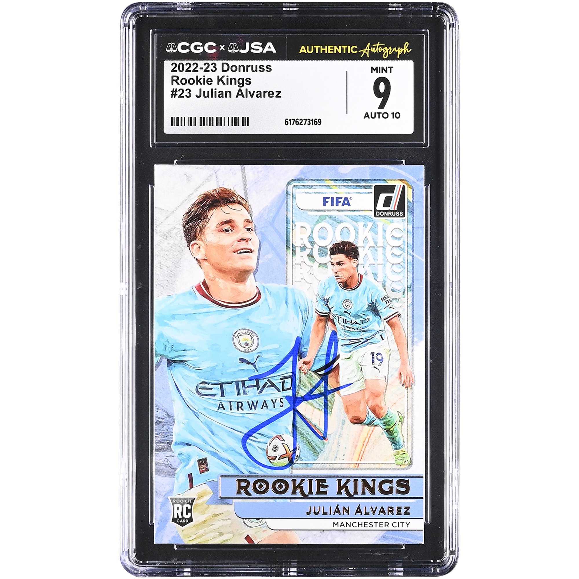 Julián Alvarez Manchester City Autographed 2022-23 Panini Donruss Rookie Kings #23 CGC Authenticated 9/10 Rookie Card