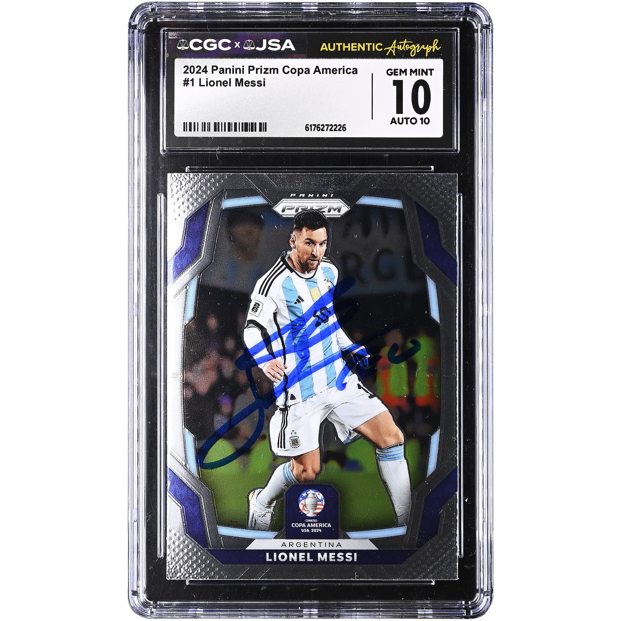 Lionel Messi Argentina National Team Autographed 2024 Panini Prizm Copa America #1 CGC Authenticated 10/10 Card. rookie card picture