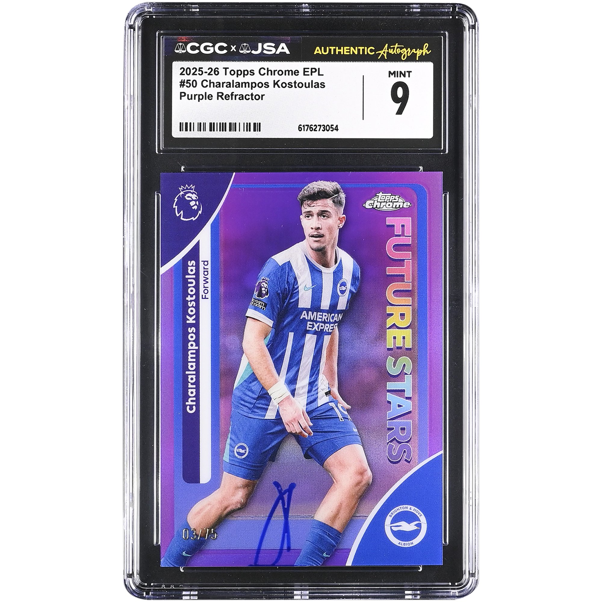 Charalampos Kostoulas Brighton and Hove Albion Autographed 2025-26 Topps Chrome EPL Purple Refractor #50 #/75 CGC Authenticated Mint 9 Card