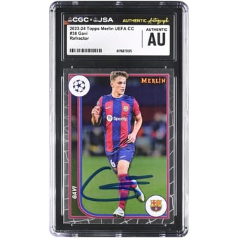 Gavi Barcelona Autographed 2023-24 Topps Merlin UEFA CC Refractor #38 CGC Authenticated Card