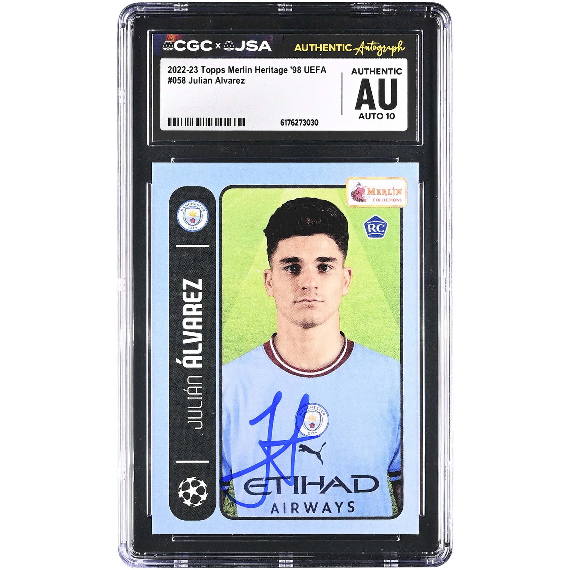 Julián Alvarez Manchester City Autographed 2022-23 Topps Merlin Heritage '98 UEFA #058 CGC Authenticated Auto 10 Rookie Card